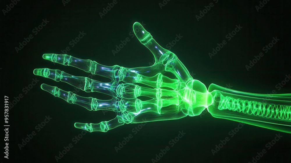 Skeleton hand with holographic veins, digital art, neon green, futuristic style, high contrast, circulating digital energy Skeleton hand with holographic veins, digital art, neon green, futuristic style, high contrast, circulating digital energy