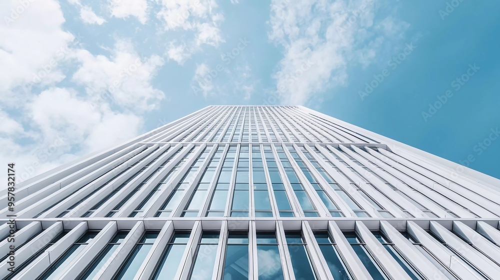 Front view of a modern white skyscraper with perfect symmetry and blue sky and copy space. Front view of a modern white skyscraper with perfect symmetry and blue sky and copy space.