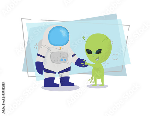 Cosmonaut shaking hand of alien. Character, discovery, exploration.
Can be used for topics like friendship, communication, colonization