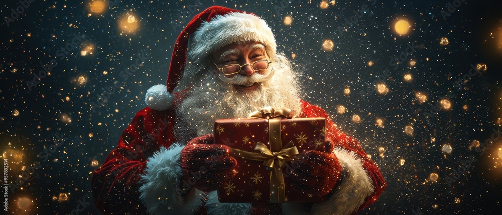 A Santa Claus is holding a red box A Santa Claus is holding a red box