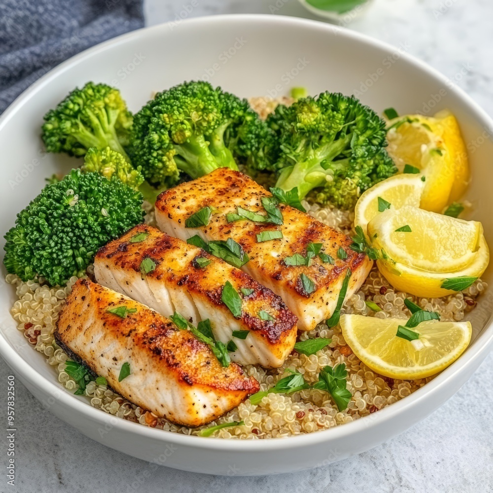 Grilled salmon served with quinoa, broccoli, and fresh lemon slices, showcasing a healthy and delicious meal option.