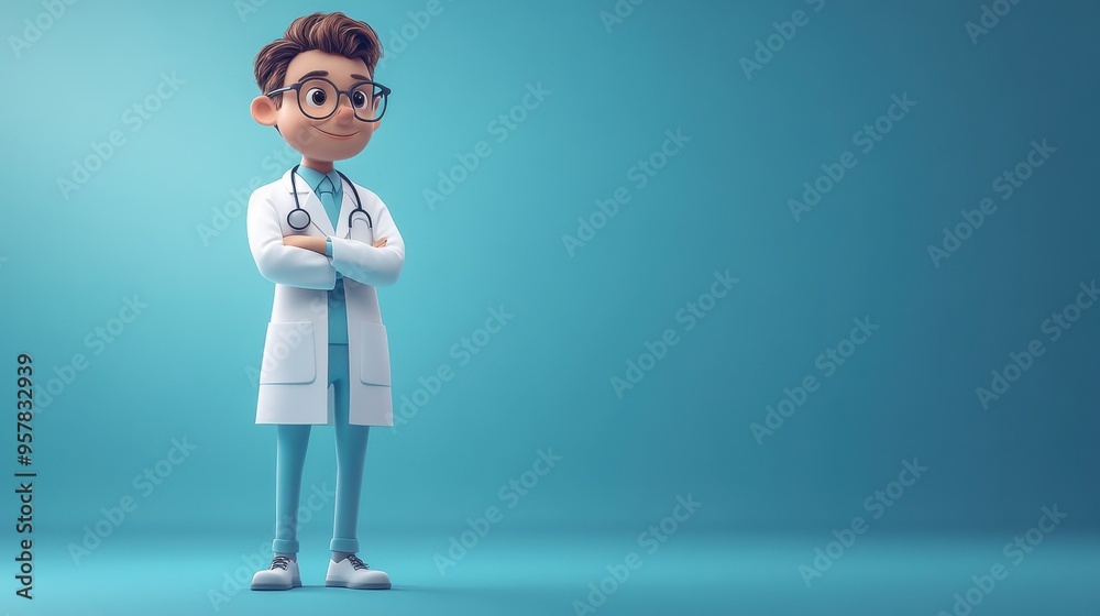 3D cartoon doctor character looking at a large clipboard with blank page copy space on a blue background. Medical consultation receipt mockup for medical history. 3D cartoon doctor character looking at a large clipboard with blank page copy space on a blue background. Medical consultation receipt mockup for medical history.