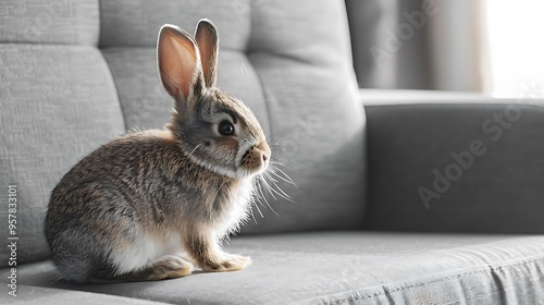 Adorable little rabbit on the grey sofa