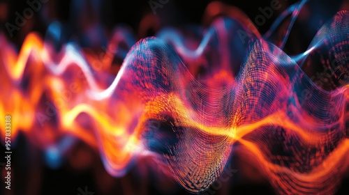 A visual representation of power system harmonics, showing waveforms and frequency distortions,
