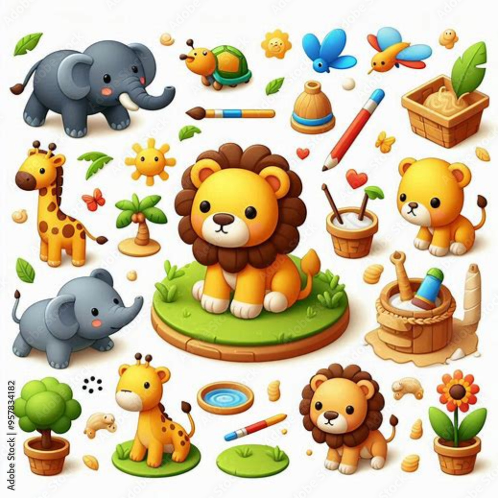 Fototapeta premium The image displays a collection of cartoon-style animal and nature-related icons. There are two elephants, two lions, two giraffes, a turtle, and a bird among the animals shown. Additionally, 