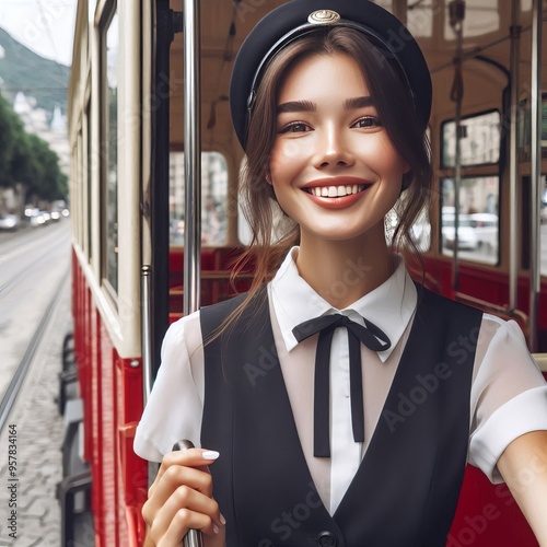  Tram Driving Joy The woman cheerful and at ease in tram operato photo