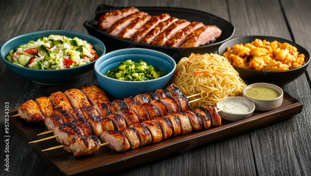 Wooden Table with Assorted Asian Dishes and Kebabs Wooden Table with Assorted Asian Dishes and Kebabs
