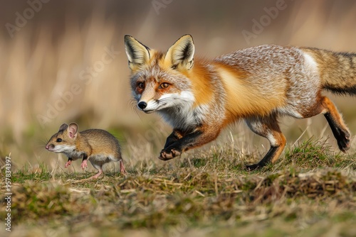 A Red Fox Chasing a Mouse in Grass