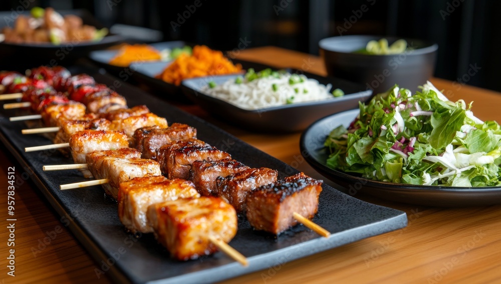 Wooden Table with Assorted Asian Dishes and Kebabs