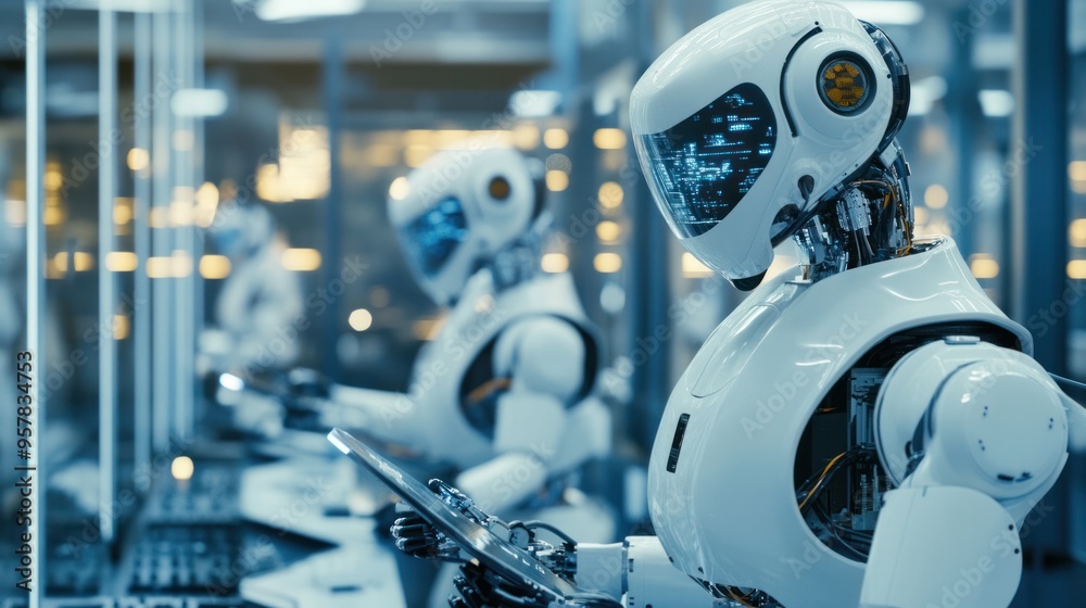 Fototapeta premium Close-up of collaborative robots performing precision tasks, workers guiding and interacting with robots, high-tech environment