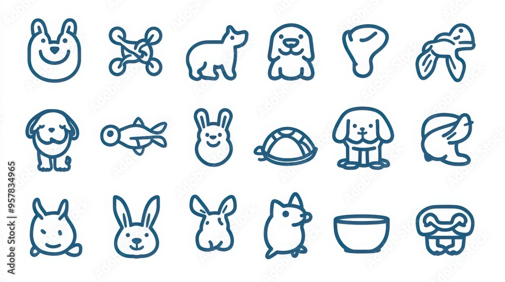 Animals and Pets thin line icon set. Containing dog, cat, fish, bird, rabbit, turtle, paw print, bone, collar, pet food bowl, hamster, aquarium, horse, butterfly. Animals and Pets thin line icon set. Containing dog, cat, fish, bird, rabbit, turtle, paw print, bone, collar, pet food bowl, hamster, aquarium, horse, butterfly.