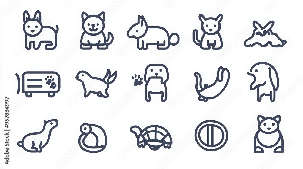 Obraz premium Animals and Pets thin line icon set. Containing dog, cat, fish, bird, rabbit, turtle, paw print, bone, collar, pet food bowl, hamster, aquarium, horse, butterfly.