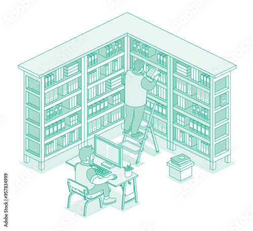 Isometric library with books on shelves. Man stand on ladder and read book. Online catalog. Man sit on computer and read text on monitor. Bookcase full of books.