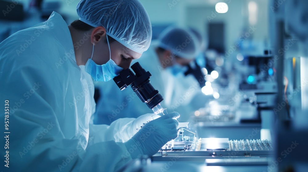 Close-up of microelectronics production, workers using microscopes and precision tools, focus on detail and innovation, cleanroom setting Close-up of microelectronics production, workers using microscopes and precision tools, focus on detail and innovation, cleanroom setting
