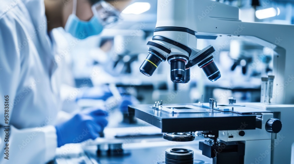 Close-up of microelectronics production, workers using microscopes and precision tools, focus on detail and innovation, cleanroom setting Close-up of microelectronics production, workers using microscopes and precision tools, focus on detail and innovation, cleanroom setting