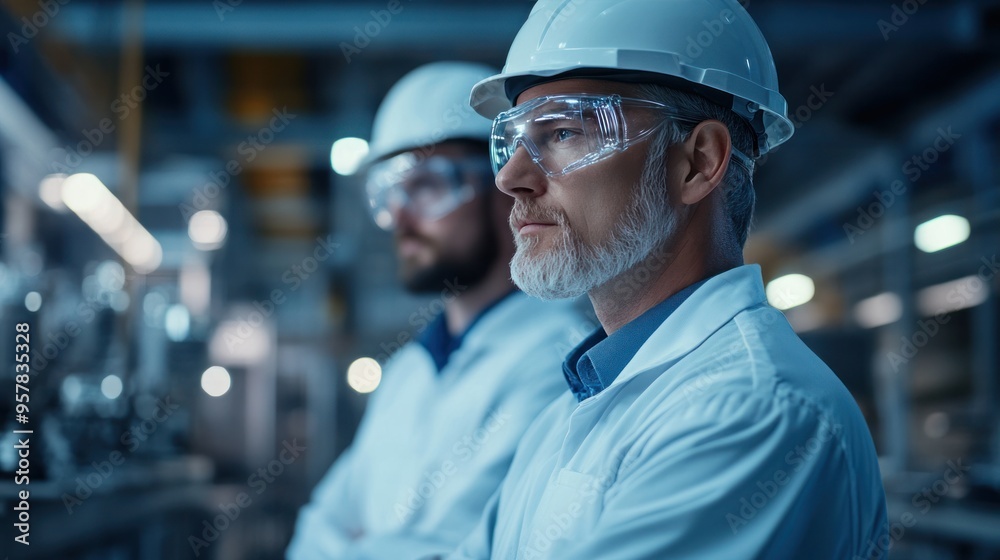 Close-up of senior engineers in a high-tech factory, focusing on precision tasks and quality control, emphasis on experience and leadership Close-up of senior engineers in a high-tech factory, focusing on precision tasks and quality control, emphasis on experience and leadership