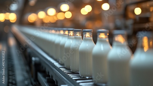 Bottles of Milk on a Conveyor Belt in a Dairy Factory