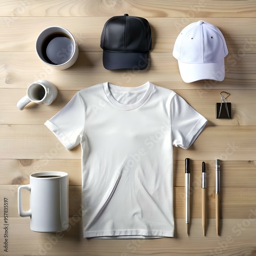 A flat lay mockup featuring a white t shirt. black and white caps. mugs. pens. and a binder clip. photo