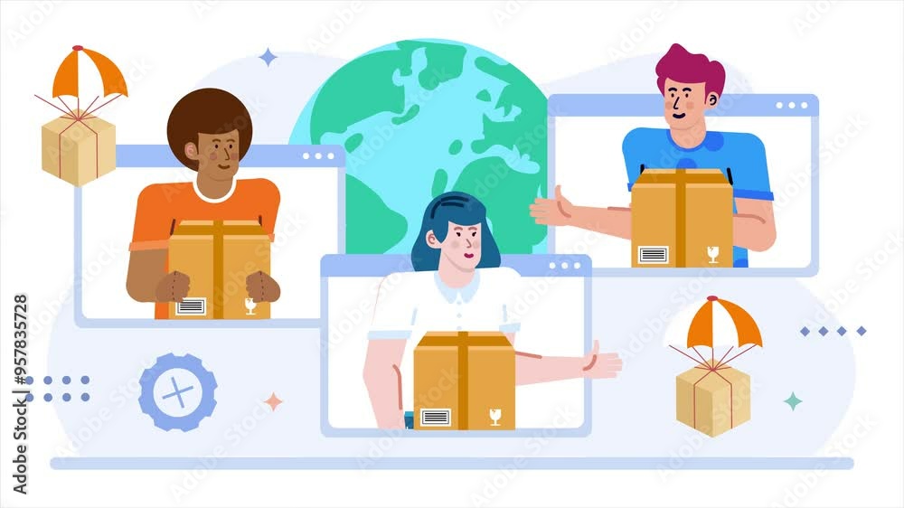 Global online delivery network with parcels and interconnected virtual backgrounds illustration business animated video Global online delivery network with parcels and interconnected virtual backgrounds illustration business animated video