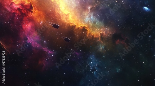Deep space exploration, a spacecraft traveling through a distant galaxy, colorful nebulae and star clusters, mysterious and vast universe
