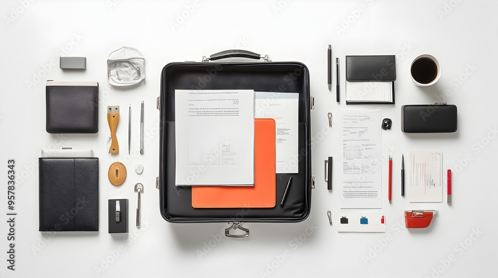 Professionally Organized Business Documents in Open Briefcase on White Background Professionally Organized Business Documents in Open Briefcase on White Background