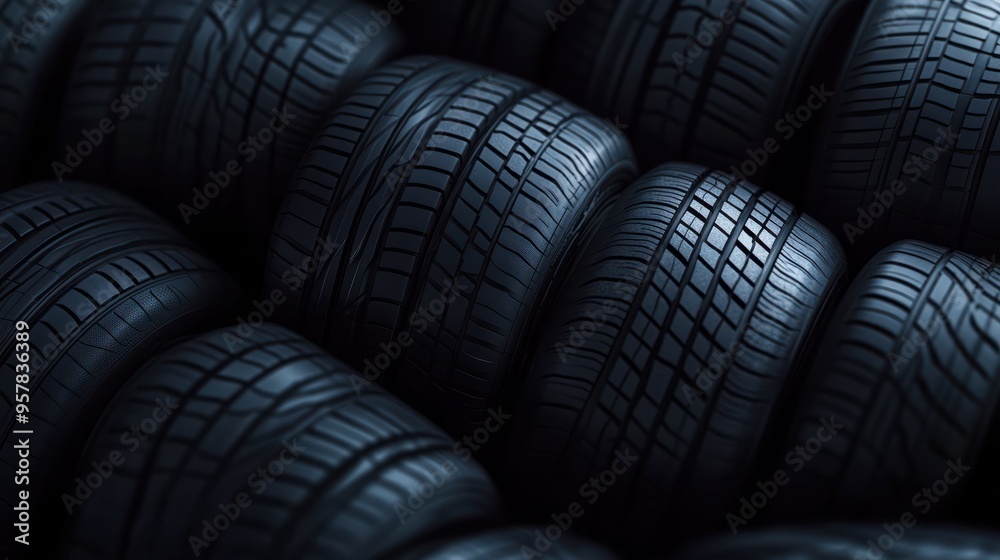 Fototapeta premium Car tire black banner background. Tires for sale in shop.