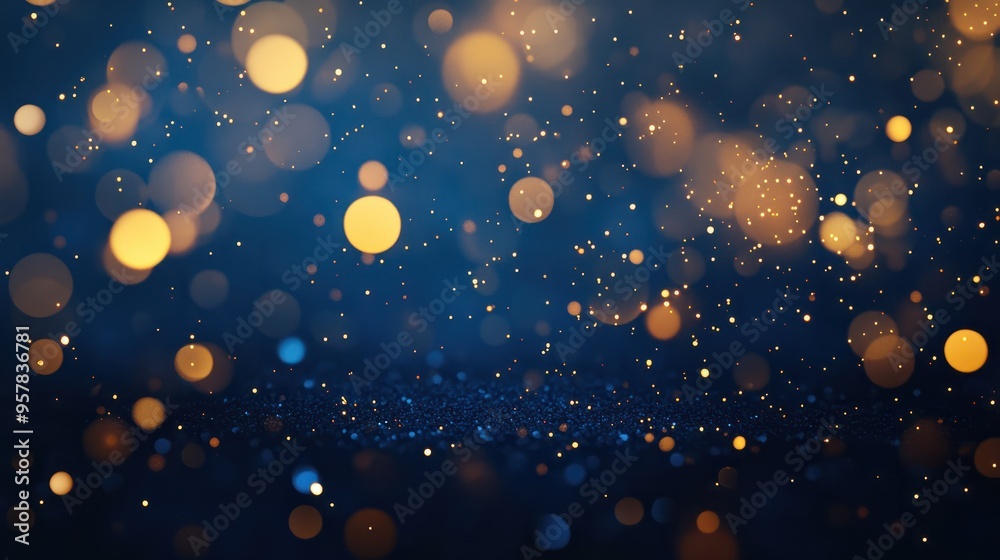 Obraz premium Christmas Golden light shine particles bokeh on navy blue background, background, abstract background with Dark blue and gold particle