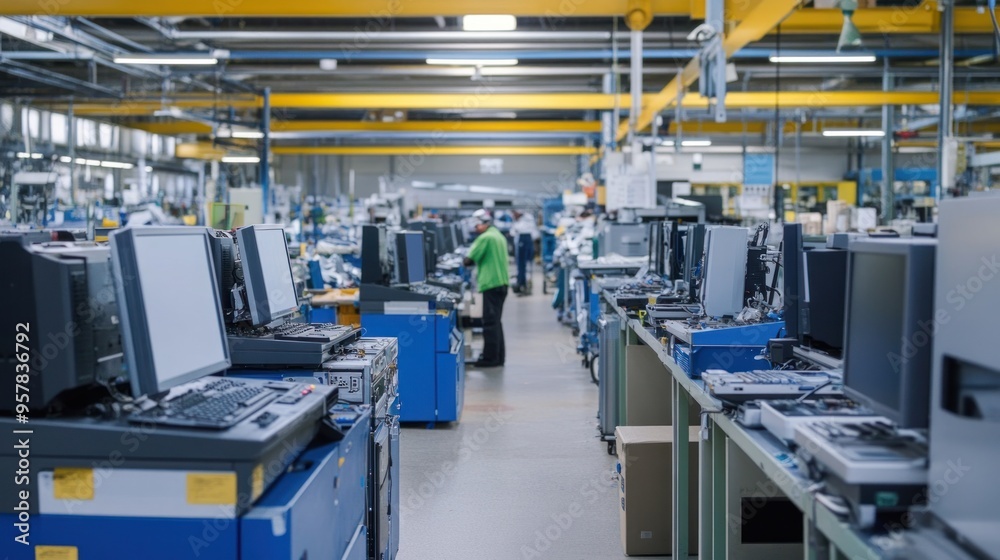 E-waste management center, showcasing advanced technology used in sorting and breaking down electronics, diverse team of workers, clean and efficient E-waste management center, showcasing advanced technology used in sorting and breaking down electronics, diverse team of workers, clean and efficient