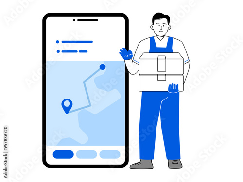 Delivery apps map navigation route direction man postman shipment delivery service bring box blue black and white illustration