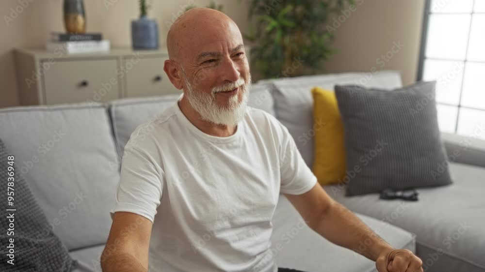 Middle-aged man with a beard crosses his fingers before celebrating with clenched fists while sitting in his living room at home Middle-aged man with a beard crosses his fingers before celebrating with clenched fists while sitting in his living room at home