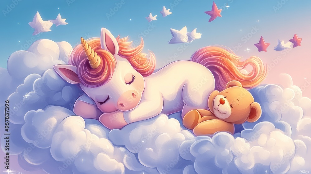 A cute baby unicorn cartoon sleeping peacefully on a bed of clouds, with a teddy bear by its side A cute baby unicorn cartoon sleeping peacefully on a bed of clouds, with a teddy bear by its side