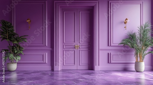 Fototapeta Naklejka Na Ścianę i Meble -  3D render of double doors opening in a light violet room. Architectural element isolated on a lilac background.