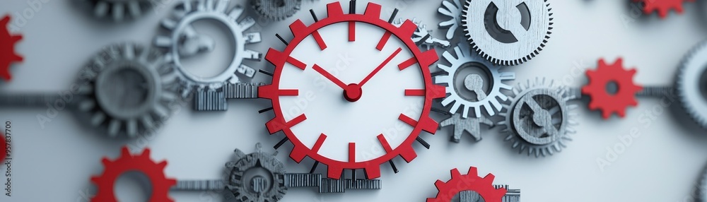 Clock face surrounded by cogs in a time management concept.