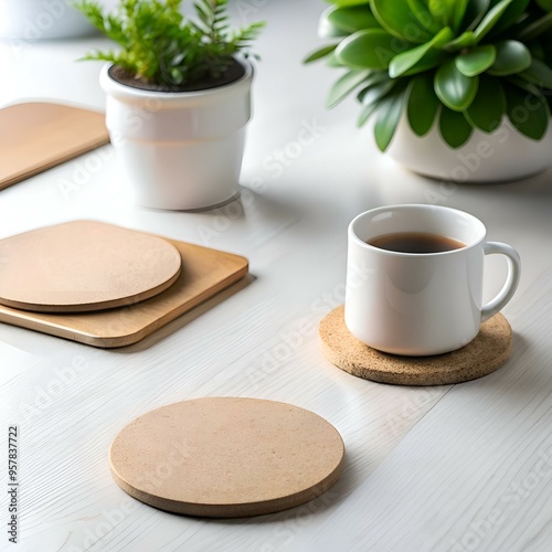 A white mug of coffee sits on a cork coaster on a white table with other coasters and plants in the background.
