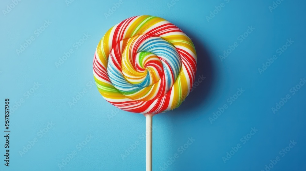 colorful spiral lollipop on blue background bright fun and sweet candy for all ages ideal for advertising marketing or promotional material 4th of july colorful spiral lollipop on blue background bright fun and sweet candy for all ages ideal for advertising marketing or promotional material 4th of july