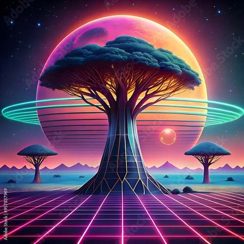 A futuristic. 3D illustration of a majestic baobab tree bathed in neon light.