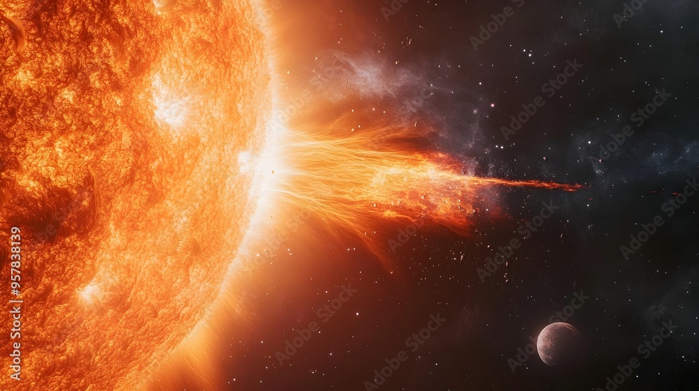 Fototapeta premium Spectacular Close Up View of Intense Solar Storm Unleashing Magnetic Waves of Extreme Power in the Universe