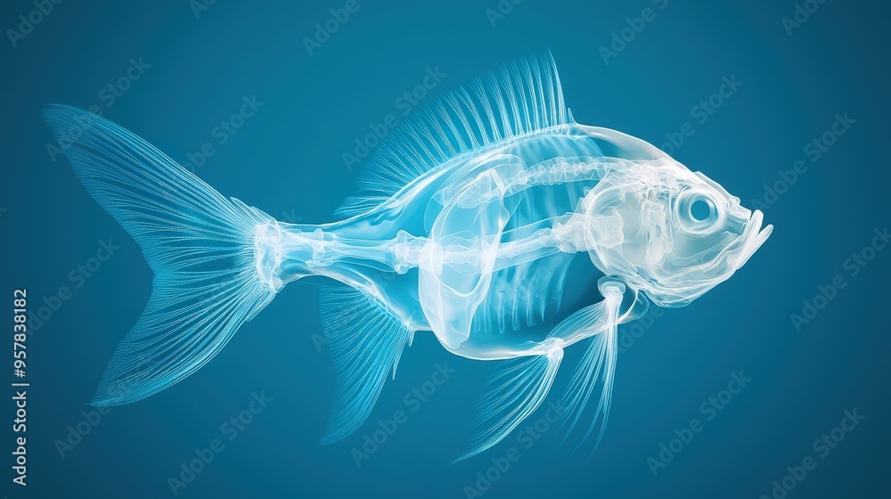 An X-ray of a fish swimming revealing the internal bone structure and fins An X-ray of a fish swimming revealing the internal bone structure and fins