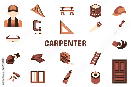 Carpenter Flat Vector Illustration Icon Sticker Set Design Materials