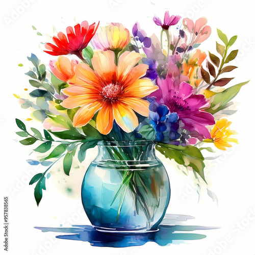 bouquet of vibrant flowers in vase , watercolor painting , isolated on a white background 