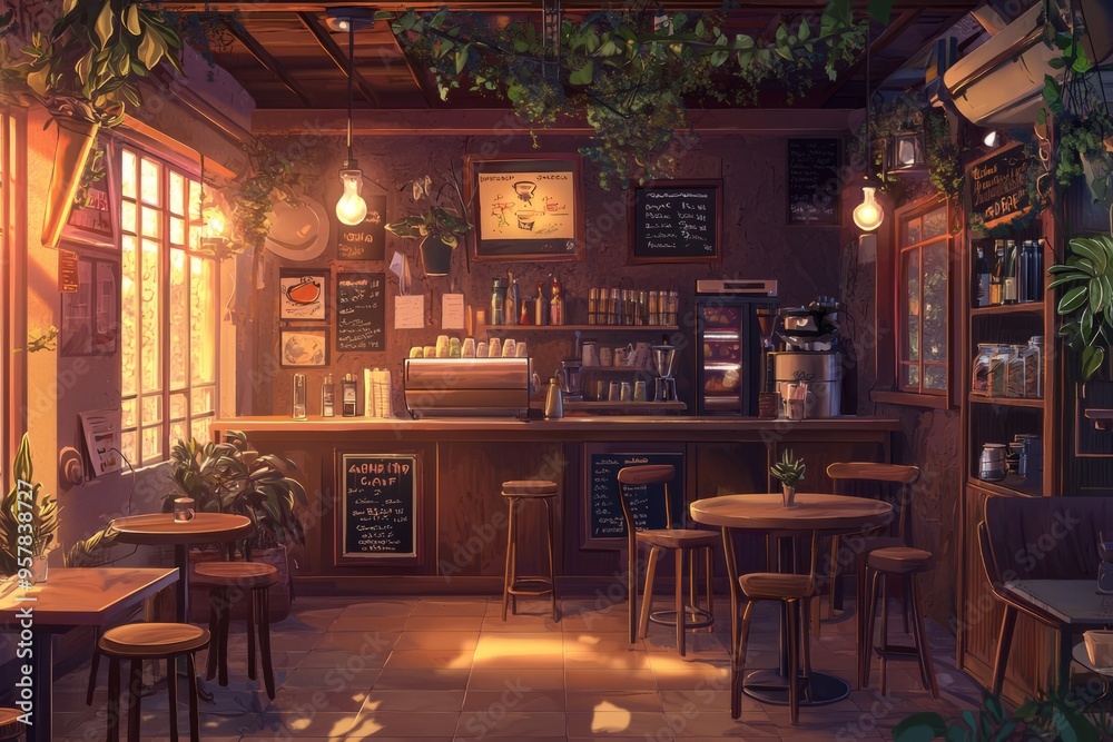Obraz premium Quaint retro café with a nostalgic feel, featuring cozy seating and soft, warm light illuminating the space. Cozy vibe, Generative AI