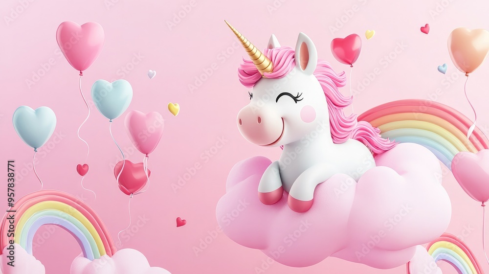 A happy cartoon unicorn floating on a pink cloud, with rainbows and heart-shaped balloons all around