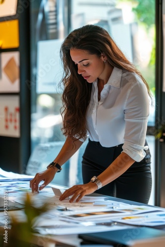 A female event planner coordinating a product launch event. She’s working with the marketing team and setting