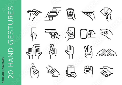 Hand gesture icons. Set of 20 trendy minimal hand gesture icons. Writing, Pointing, Holding Cup, Handshake icon. Design signs for web page, mobile app, communication materials. Vector illustration