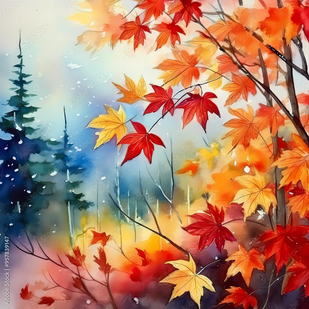 autumn leaves and landscape watercolor painting background