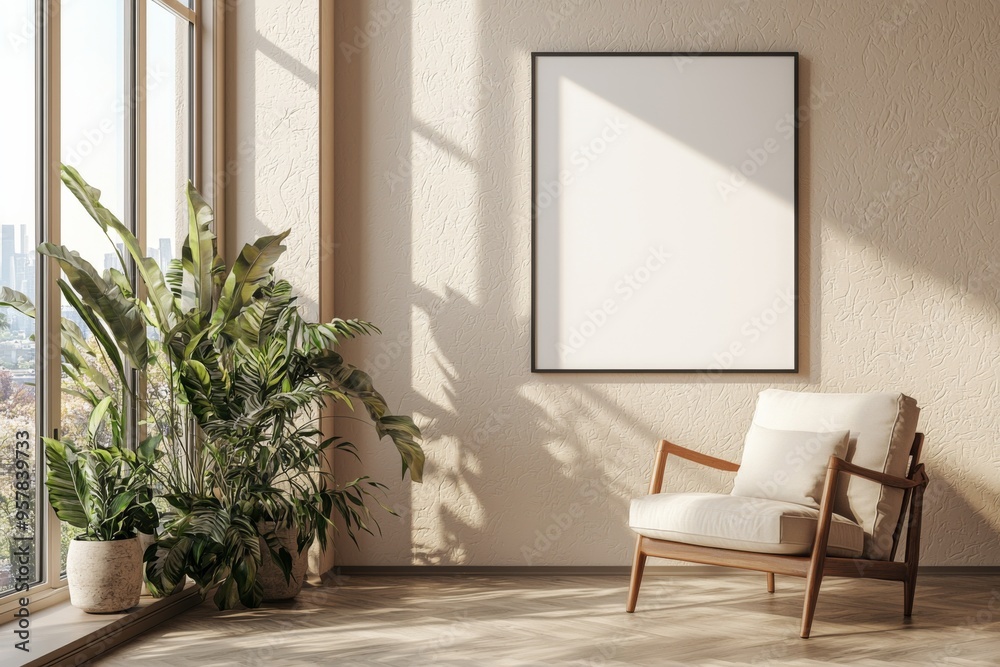 Poster Frame in Beige minimalist living room interior created with generative AI Poster Frame in Beige minimalist living room interior created with generative AI