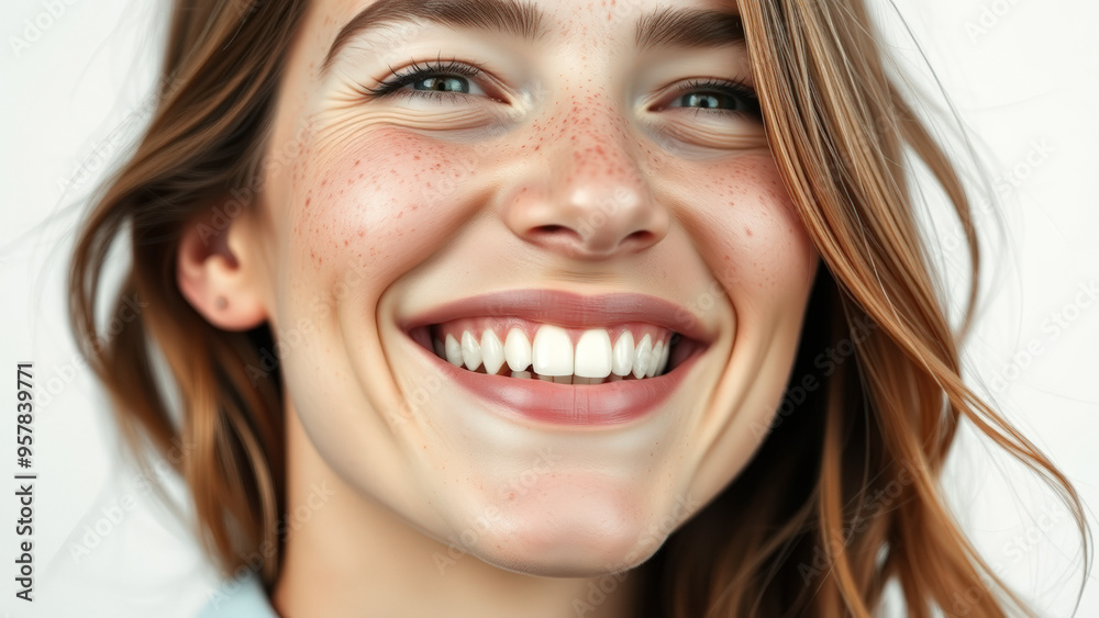 Close-up of a woman's smiling face with freckles Close-up of a woman's smiling face with freckles