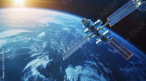 International Space Station orbiting Earth, detailed structure with solar panels extended, blue planet below, serene and futuristic photo