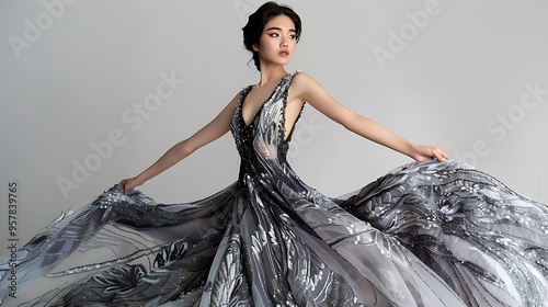 Ultra-clear photograph of a model highlighting a formal dress with exquisite fabric details photo