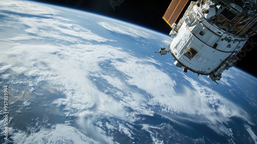 International Space Station viewed from a distance, curvature and the vastness of space surrounding it, peaceful and expansive scene